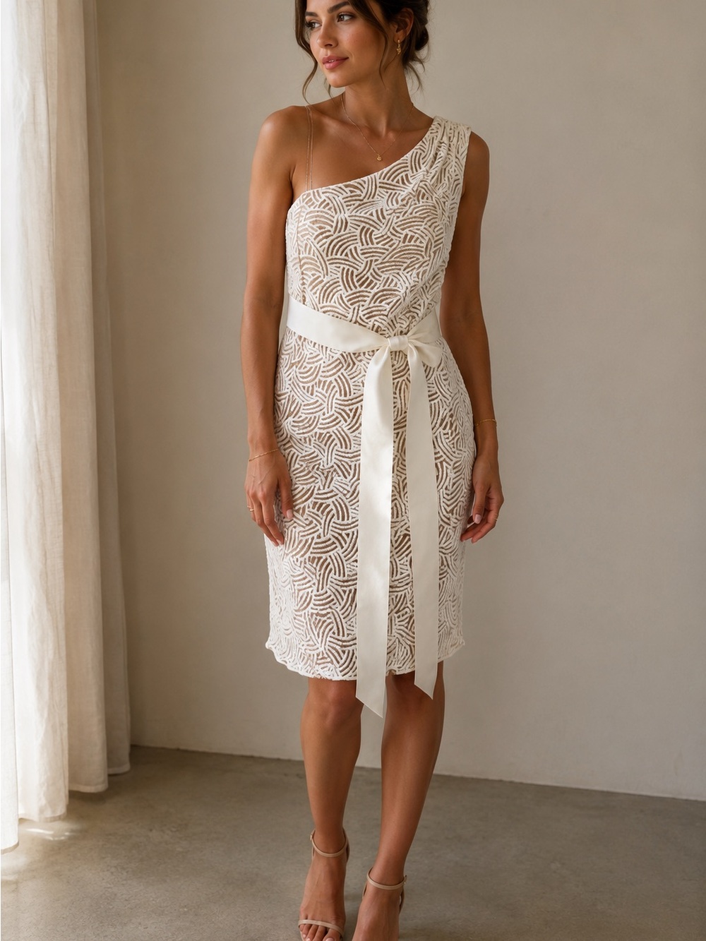 Tadashi Shoji Ivory One-Shoulder Textured Lace Dress with Waist Sash